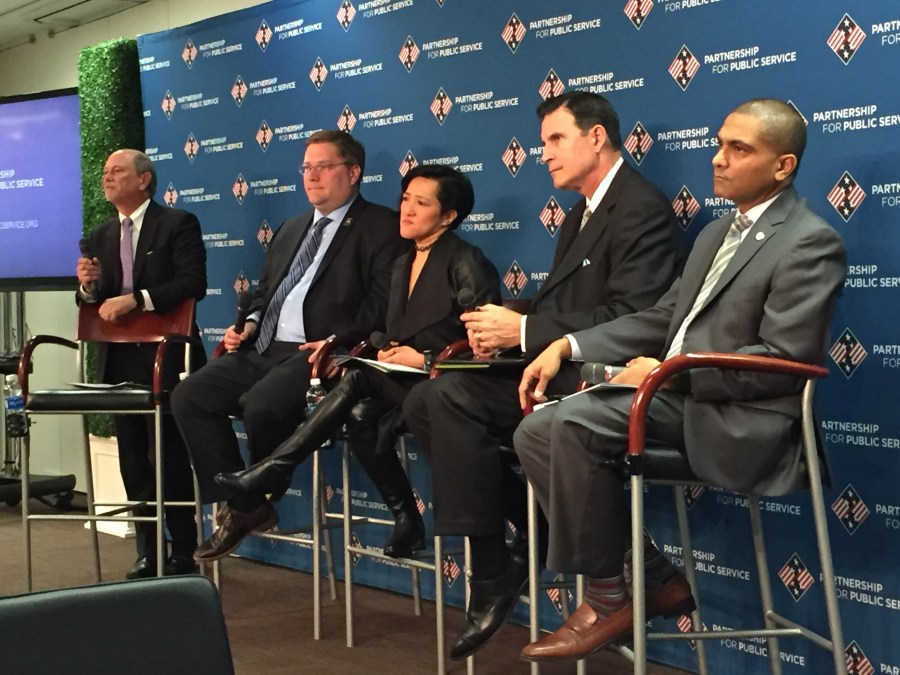 From left, Accenture Federal Services CIO Director Dave McClure, VA CIO Scott Blackburn, Department of Interior CIO Sylvia Burns, Department of Justice CIO Joseph Klimavicz and Social Security Administration discuss IT reform at the Partnership for Public Service.