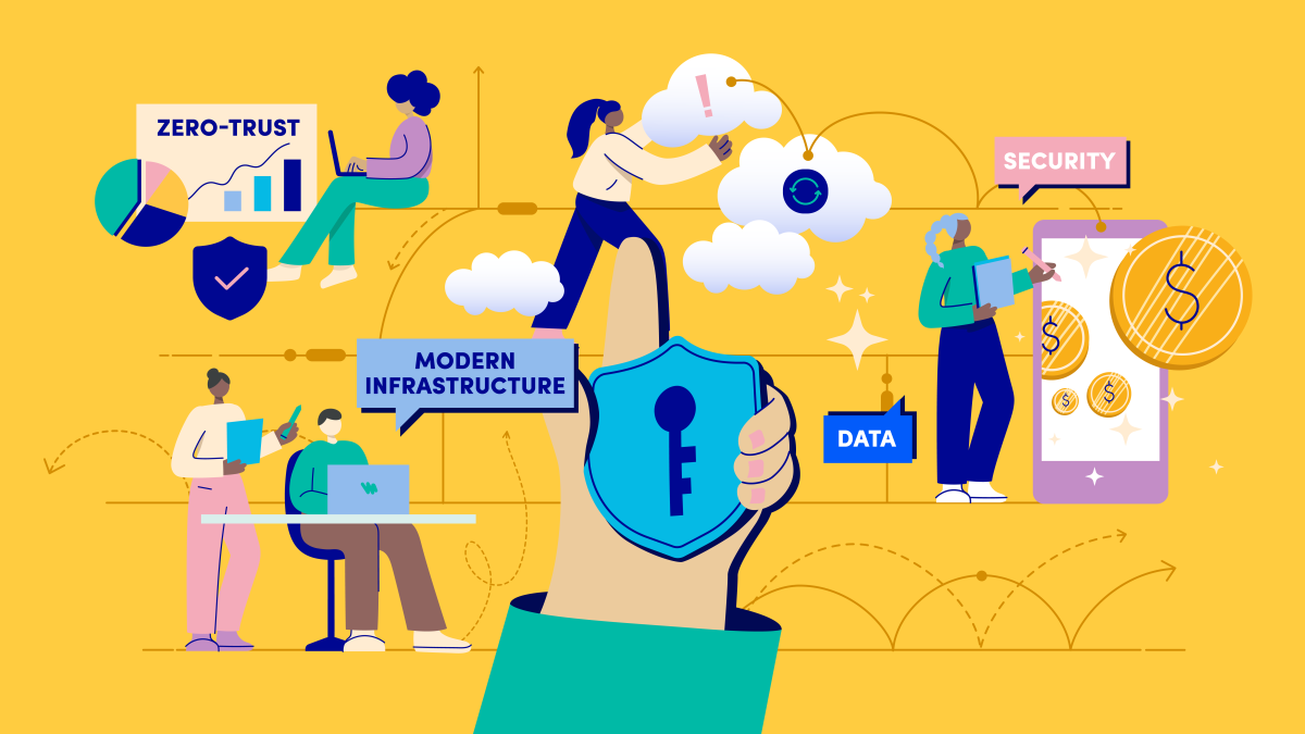 Illustration of office workers operating in secure IT environment.