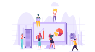 Illustration of workers being productive using technology.